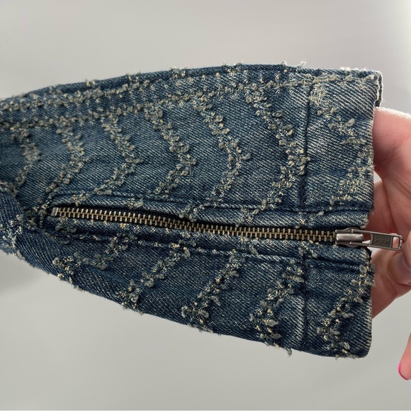 Free People Punched Denim Moto Herringbone Blue Jean Jacket Size 6 - Picture 7 of 16